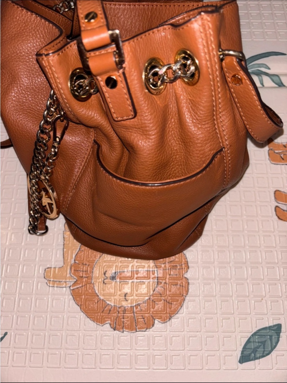 Michael Kors Cognac Pebbled Leather Shoulder Bag with Chain Charm - Picture 7 of 10